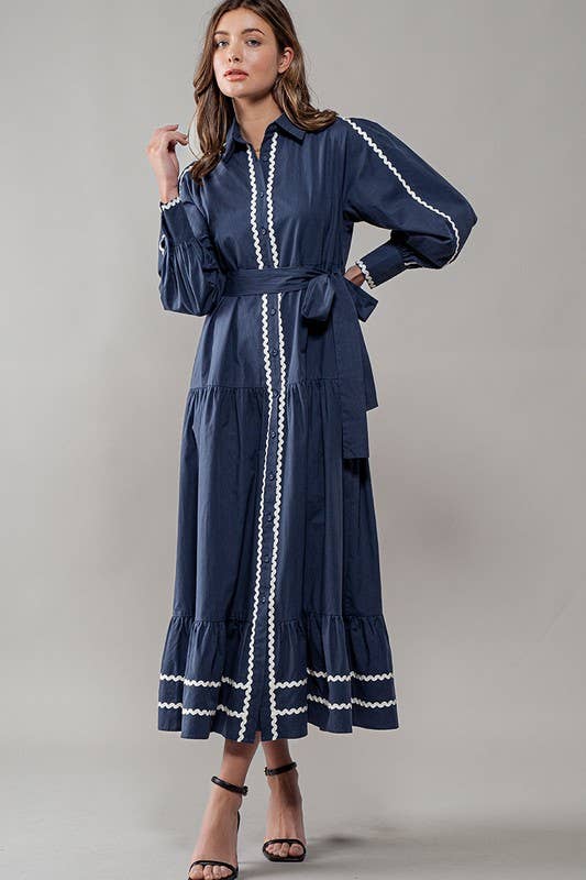 Urban Daizy Scalloped Tiered Cotton Button Down Belted Midi Dress Navy Dress - Women's (UDZ-DR-00311) – alternate view 4
