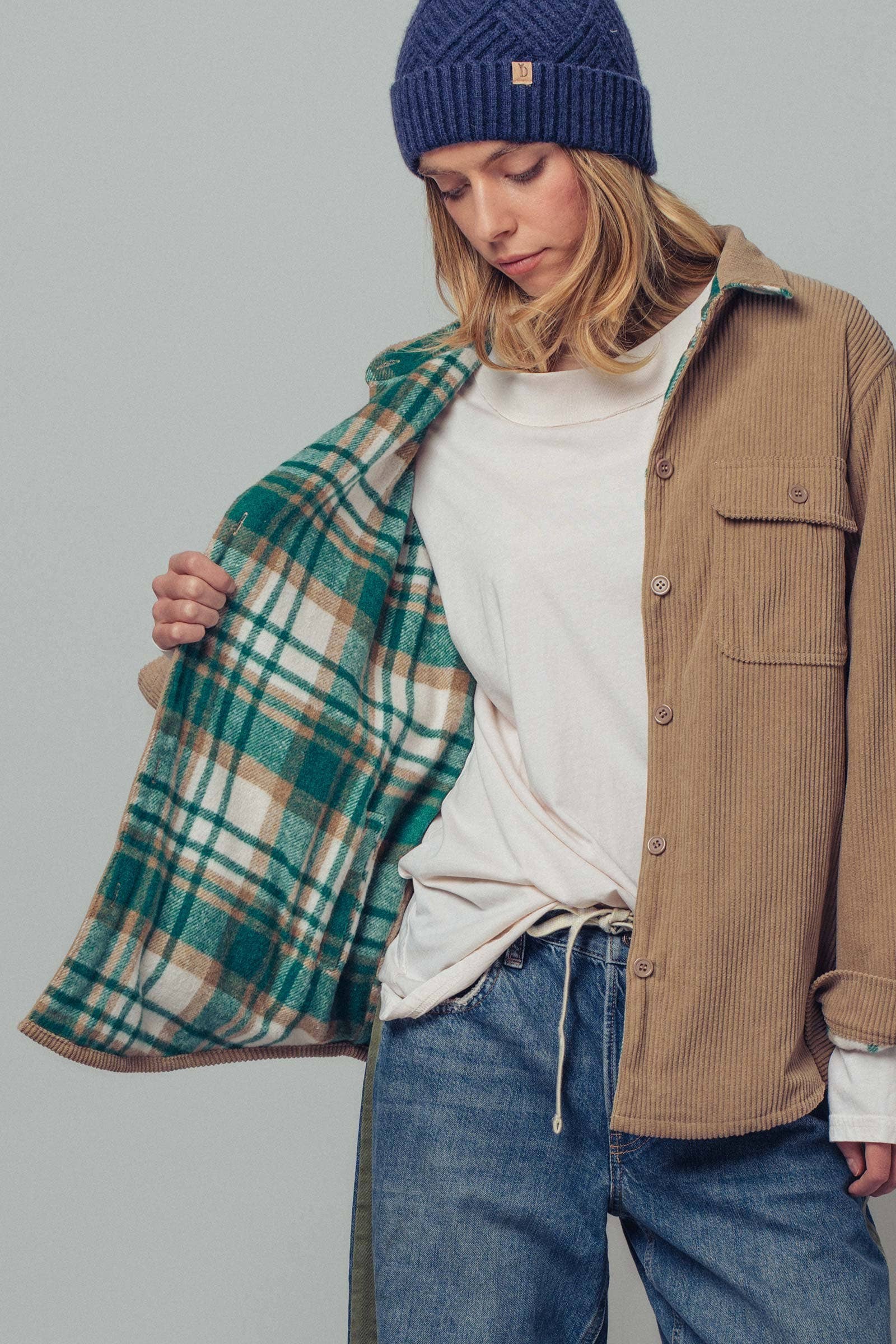 Urban Daizy Plaid Flannel-Lined Corduroy Shacket Taupe Shirt Jacket/Shacket - Women's (UDZ-KN-00150) – alternate view 11