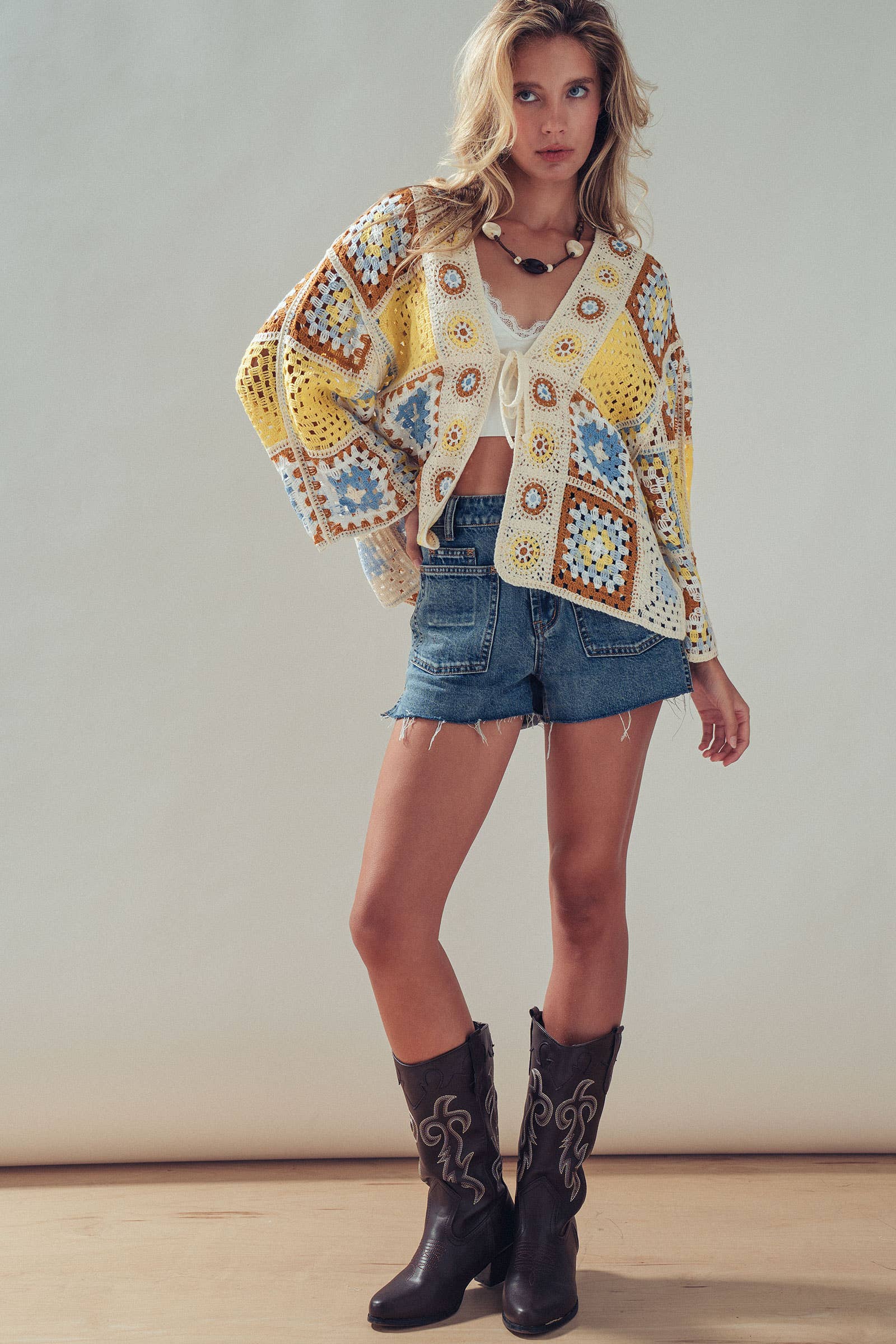 Granny Square Crochet Tie-Front Cardigan