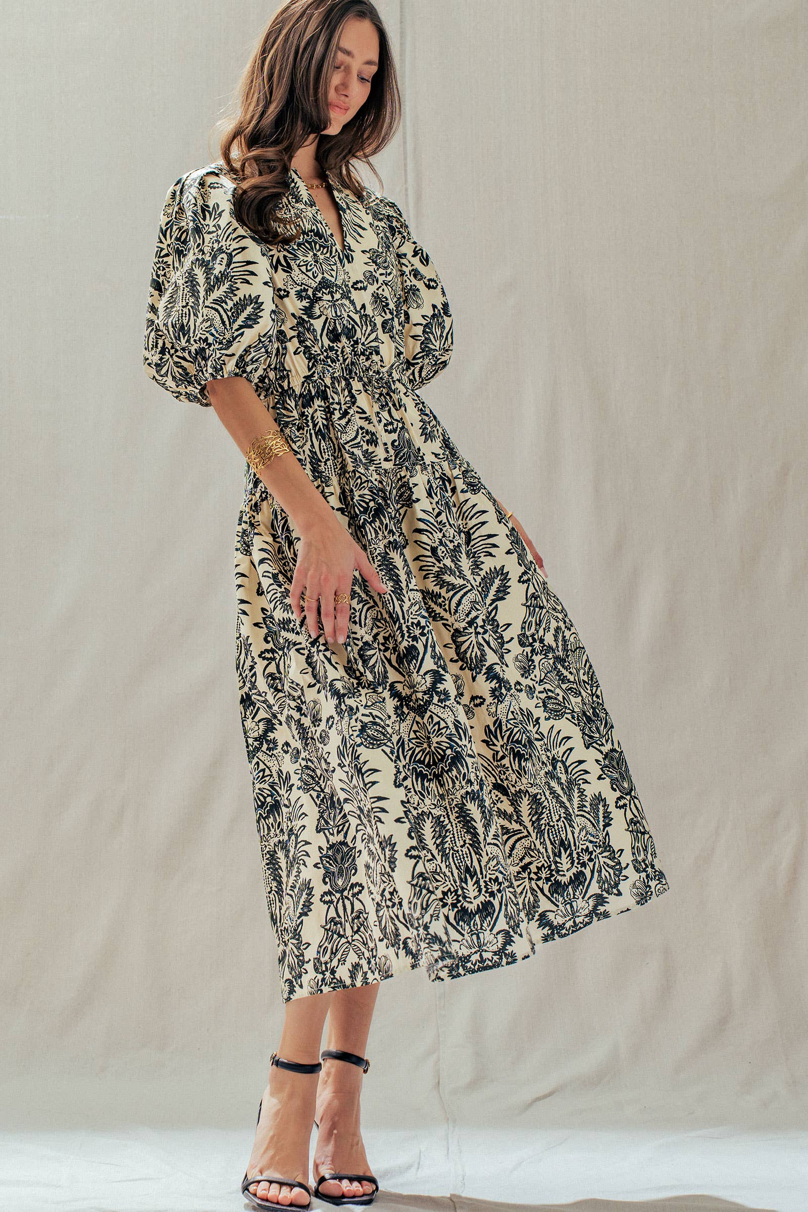 Urban Daizy Botanical Puff Sleeve Cotton Midi Dress Ivory-Black Dress - Women's (UDDR0335-Ivory-Black) – alternate view 3