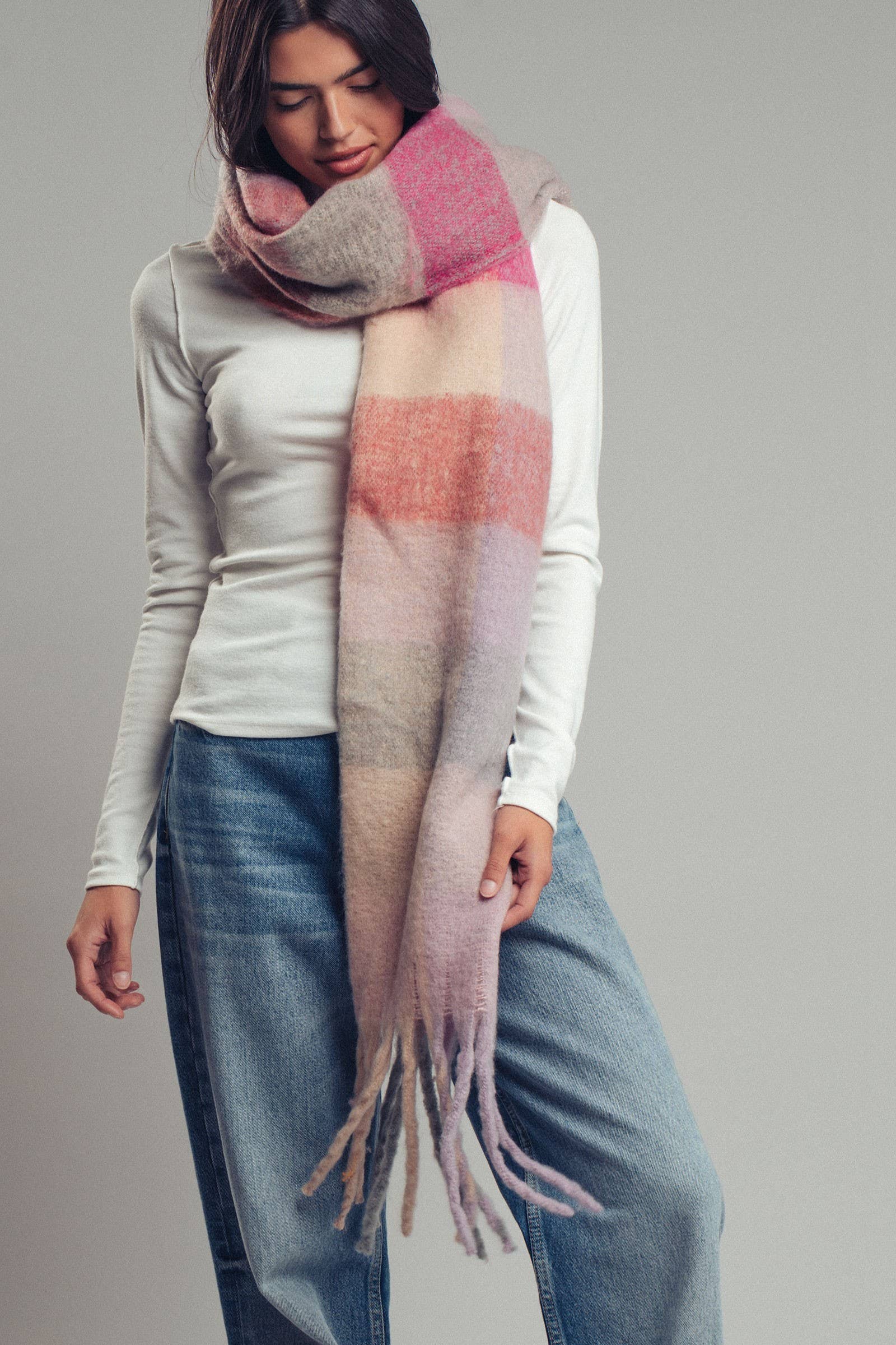 Urban Daizy Plush Oversized Colorblock Plaid Scarf Pink Scarf - Women's (UDZ-KN-00657) – alternate view 8