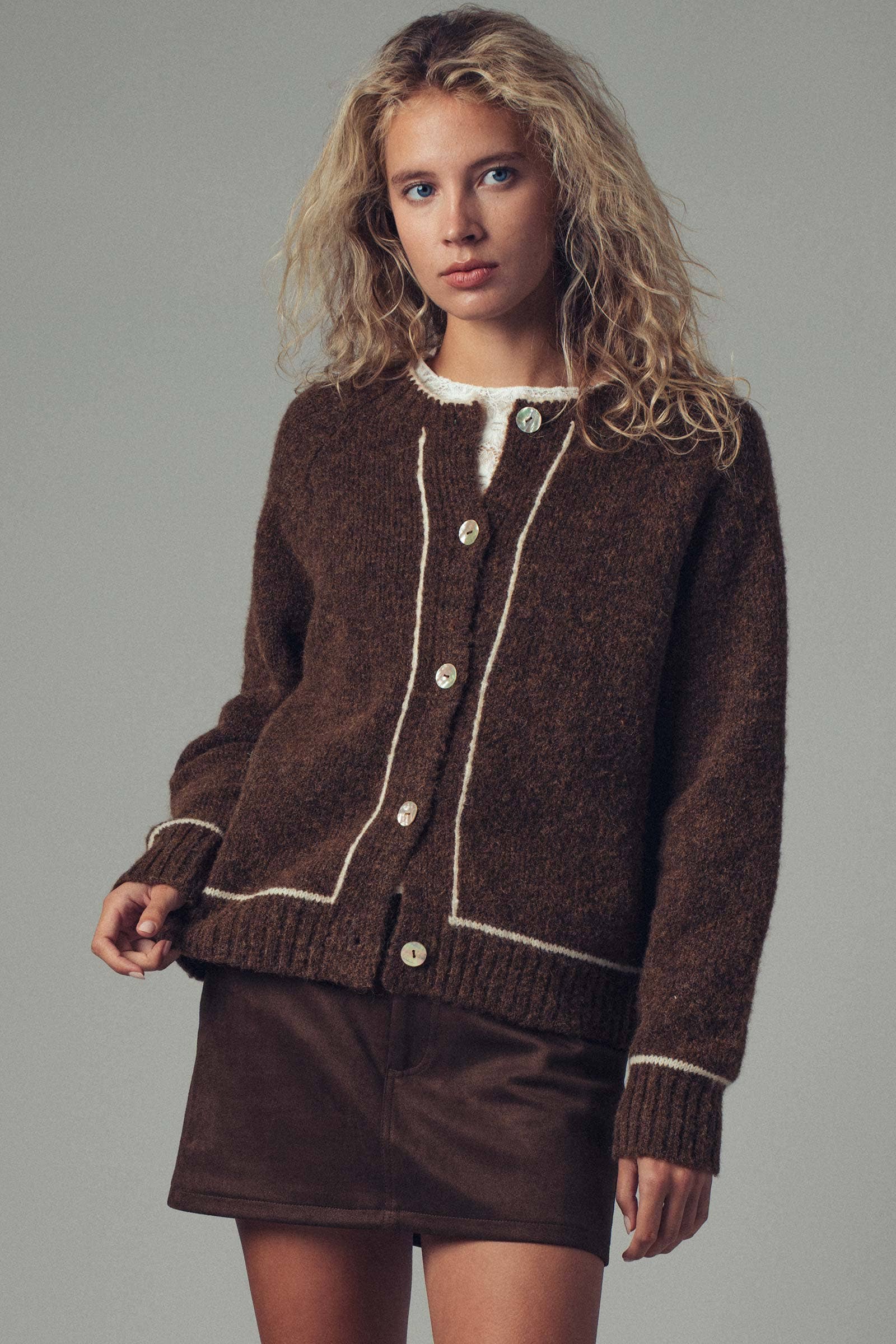 Urban Daizy Contrast Trim Boho Knit Button Cardigan Grey Cardigan - Women's (UDZ-PT-00355) – alternate view 11