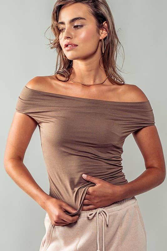 Urban Daizy Bare Bond Off the Shoulder Top - Ruched Sleeve Mocha Knit Top - Women's (UDZ-TP-00495) – alternate view 8