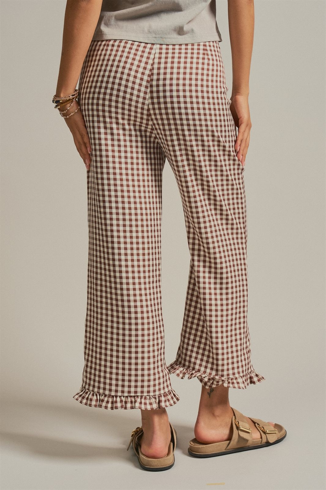 Gingham Ruffle Hem Cropped Wide Leg Pants in Brown in BROWN - Women's Casual Pants | Urban Daizy
