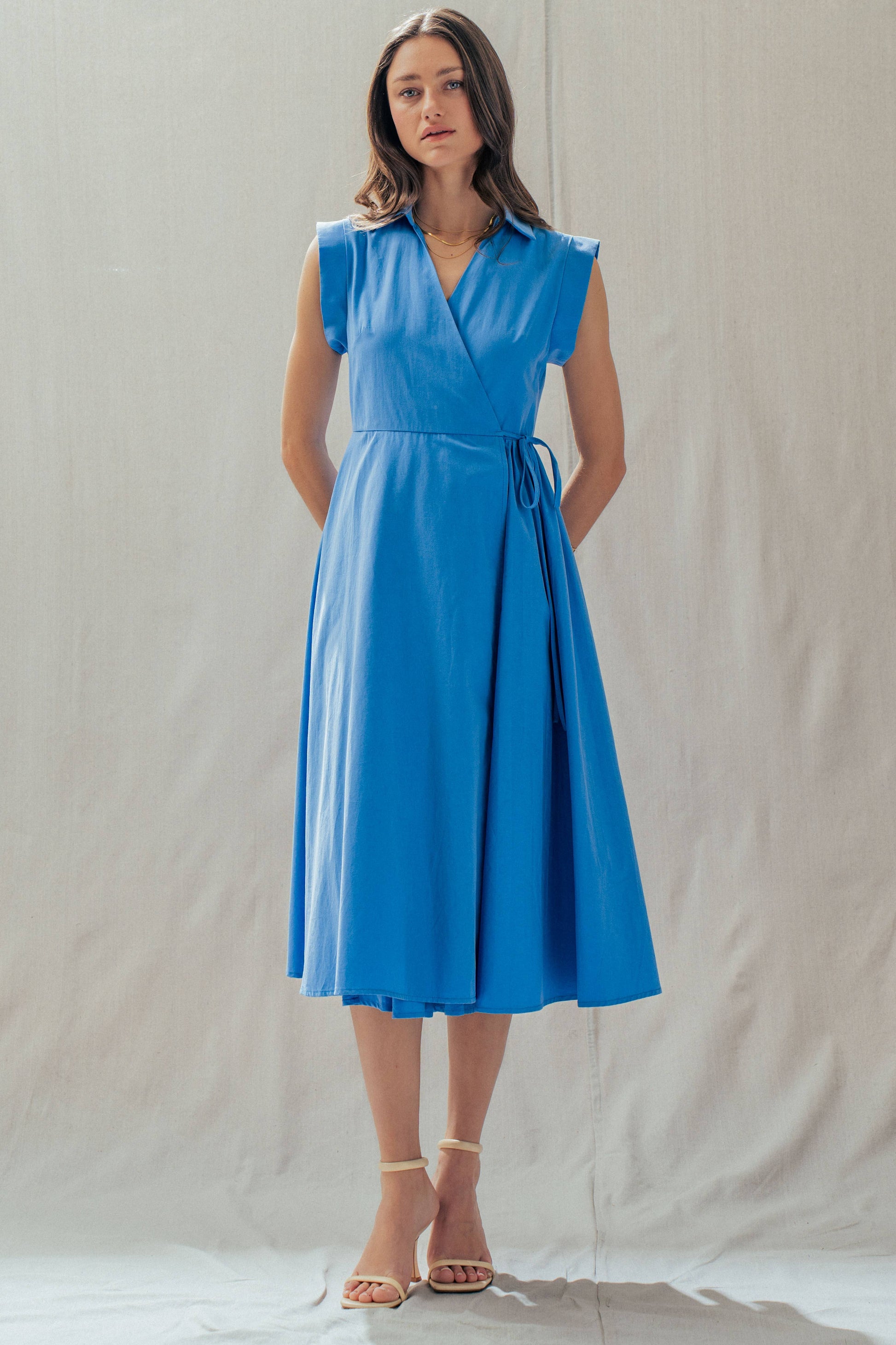 Collared Cap Sleeve Wrap Midi Dress