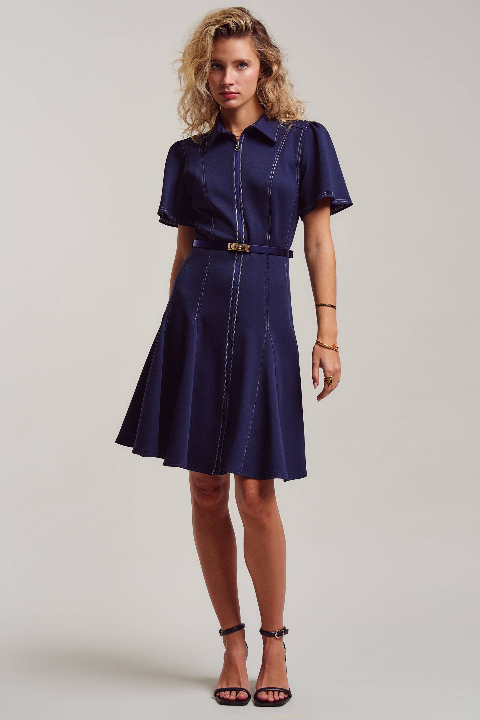 Contrast Stitch Zip Front Knit Mini Dress Belted