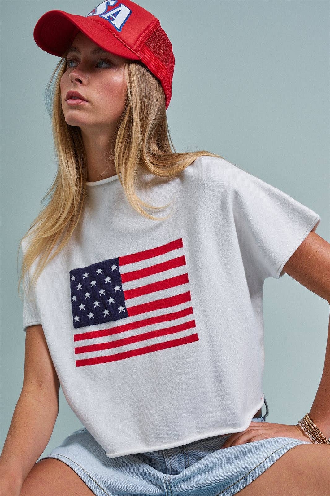 Urban Daizy American Flag Graphic Raw Edge Crop Tee White T-Shirt (Graphic) - Women's (UDZ-TP-01083-White) – alternate view 11