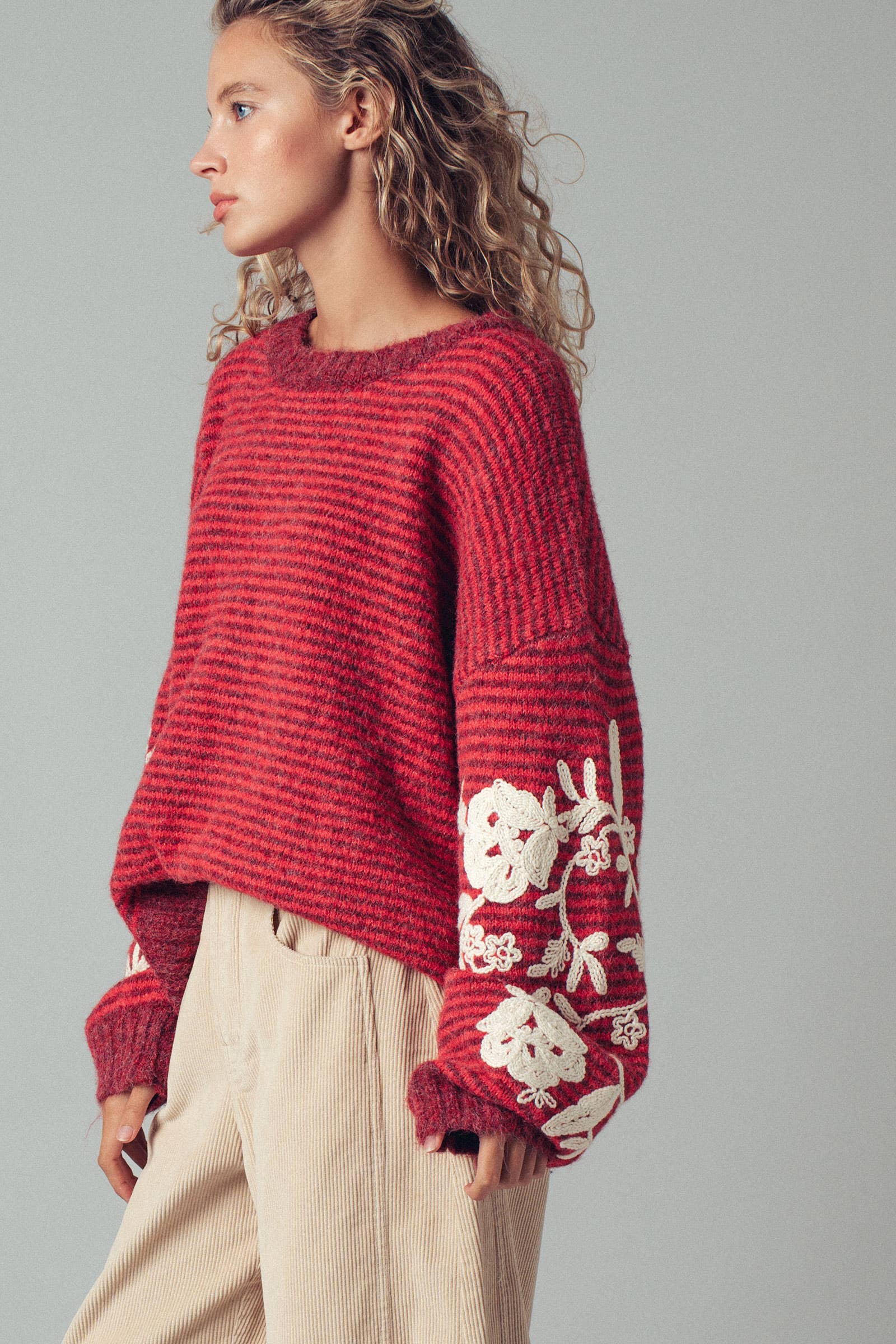 Urban Daizy Floral Embroidered Striped Knit Sweater Brown Knit Sweater - Women's (UDZ-TP-00814) – alternate view 5