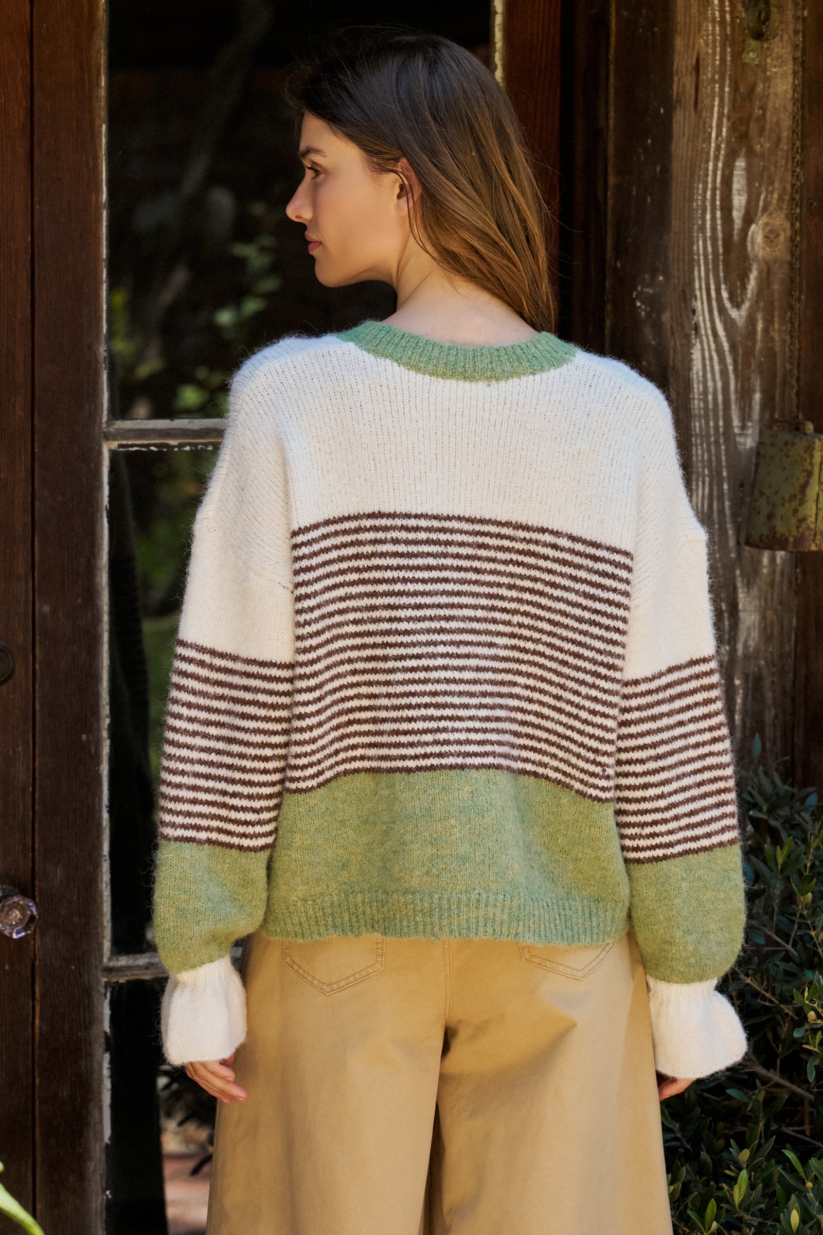 Striped Fuzzy Knit Volume Sleeve Cardigan | wholesale cardigans & shrugs | Urban Daizy