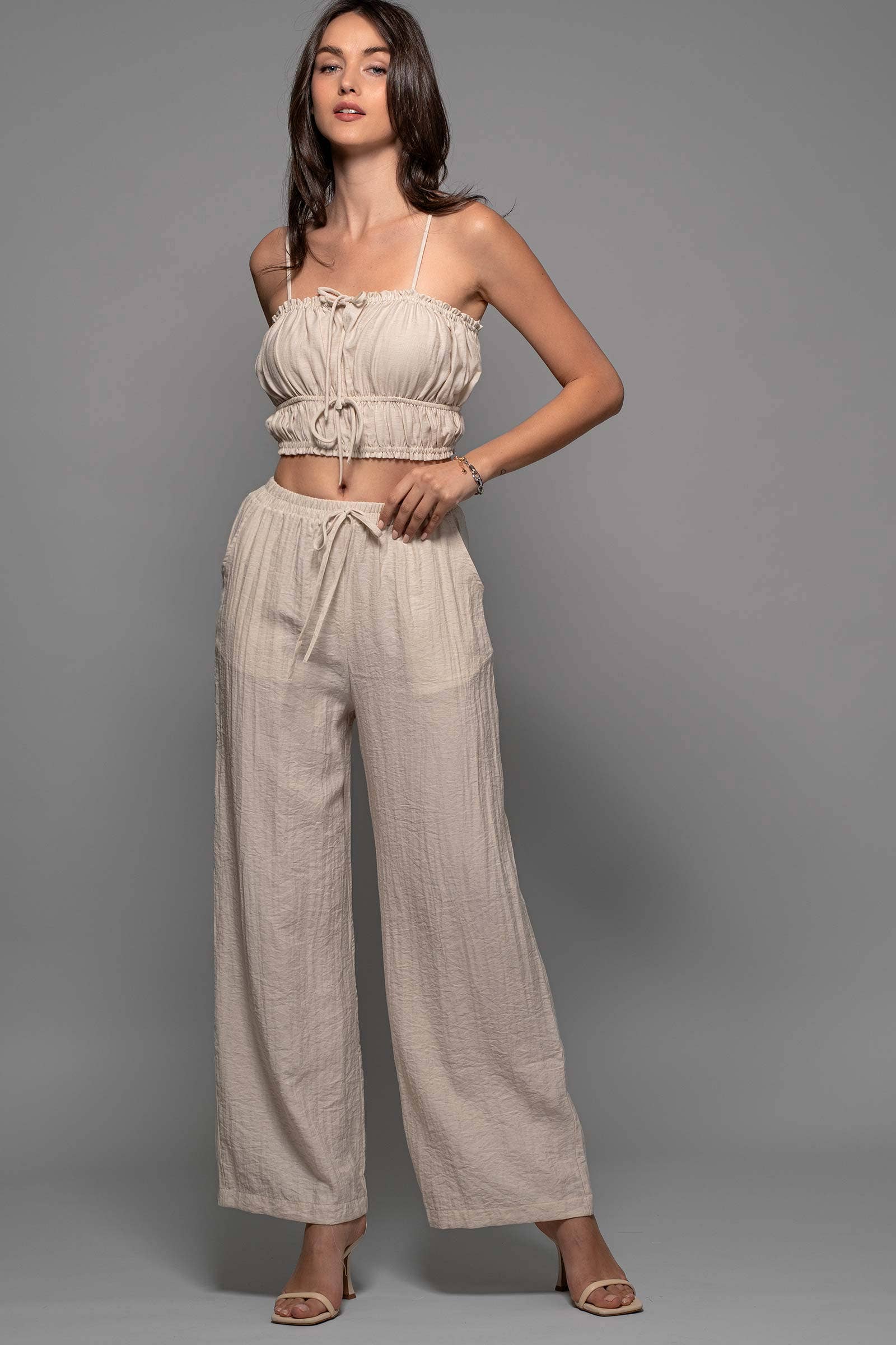 Linen-Blend Smocked Crop Top and Wide-Leg Pants Set