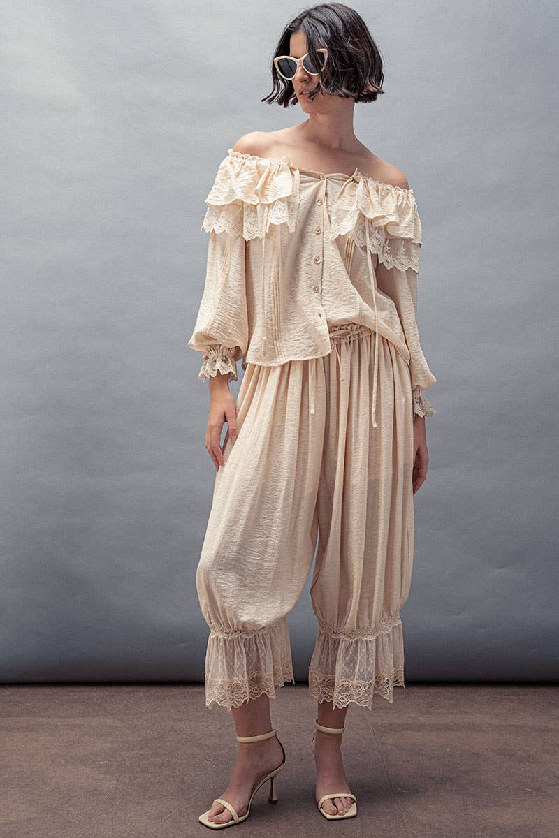 Lace Trim Ruffle Tie Neck Spring Blouse Top