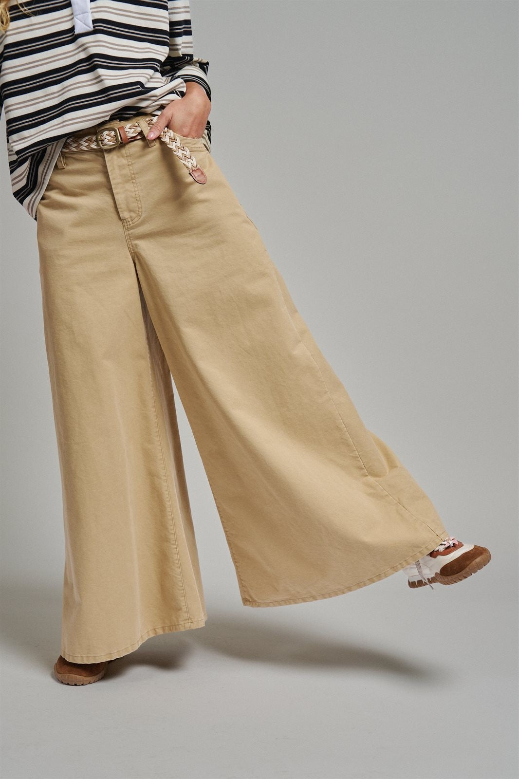 Washed Cotton Wide Leg Palazzo Pants with Woven Belt in KHAKI - Women's Casual Pants | Urban Daizy