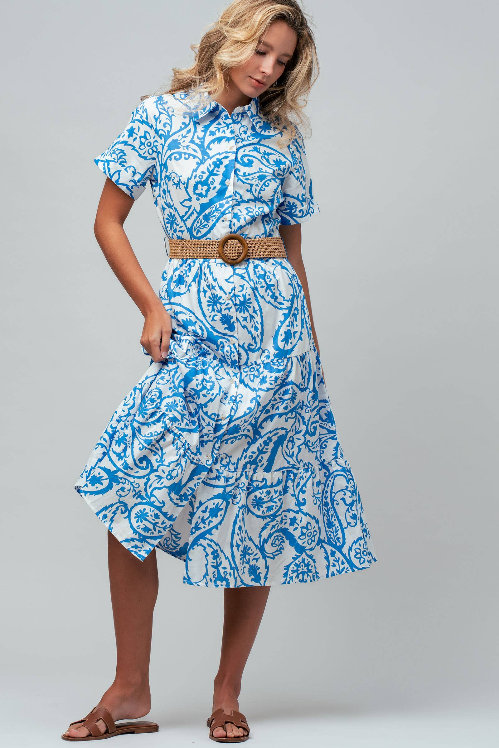 Paisley Cotton Belted Tiered Midi Shirt Dress