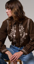 Embroidered Corduroy Western Shirt with Floral Stitch in BROWN - Women's Shirts & Blouses | Urban Daizy