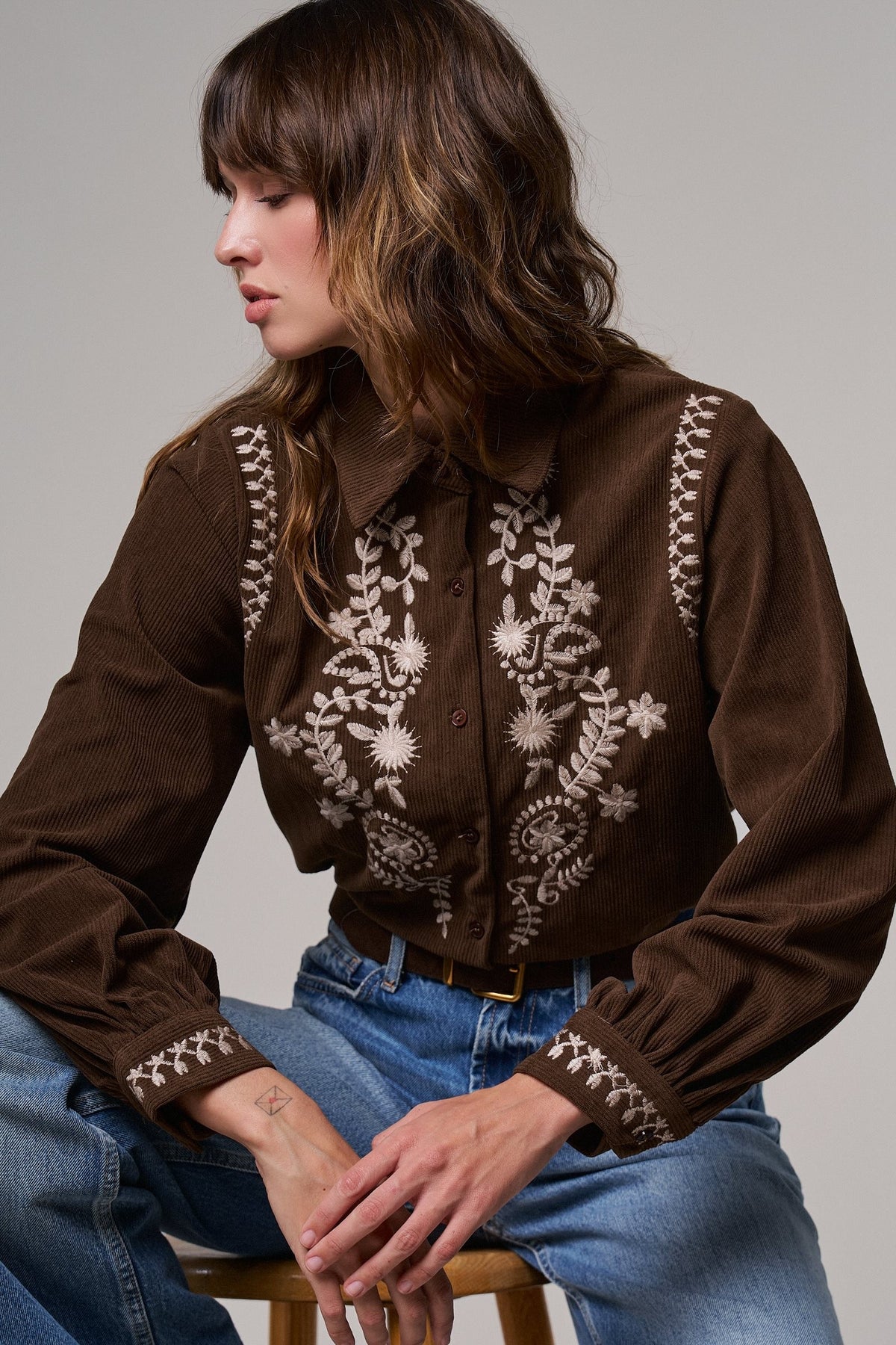 Embroidered Corduroy Western Shirt with Floral Stitch in BROWN - Women's Shirts & Blouses | Urban Daizy