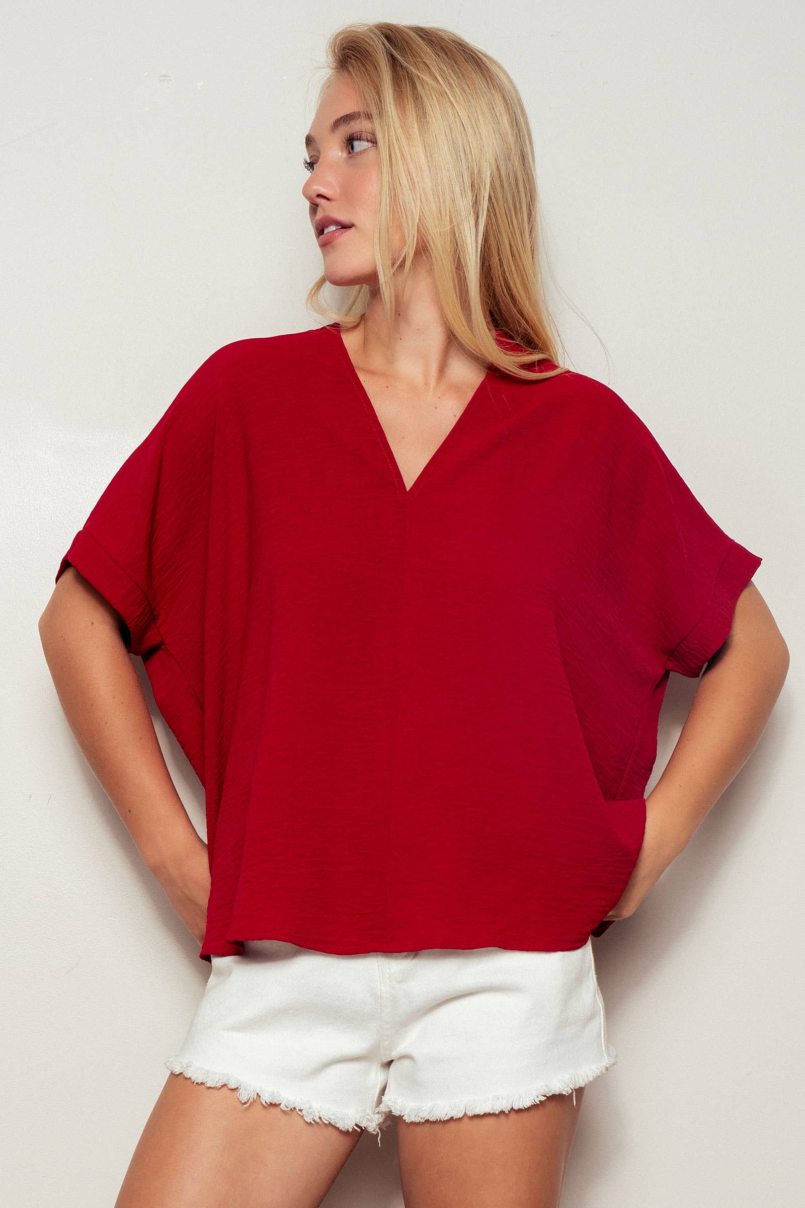 Urban Daizy Oversized V-Neck Folded Short Sleeve Top-GD Gd-Blue Blouse - Women's (UDZ-TP-00270) – alternate view 4