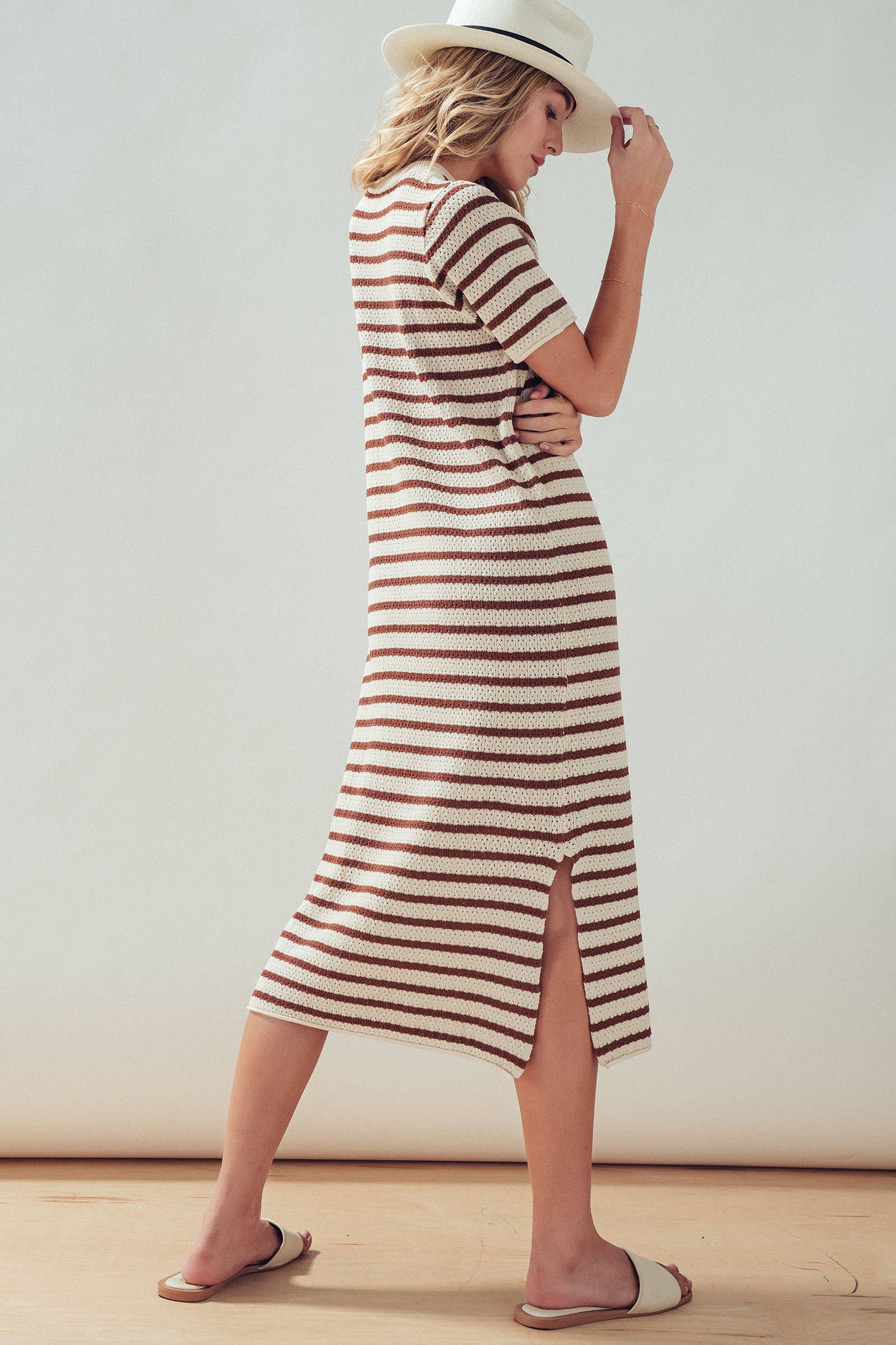Striped Crochet Knit Short Sleeve Midi Dress