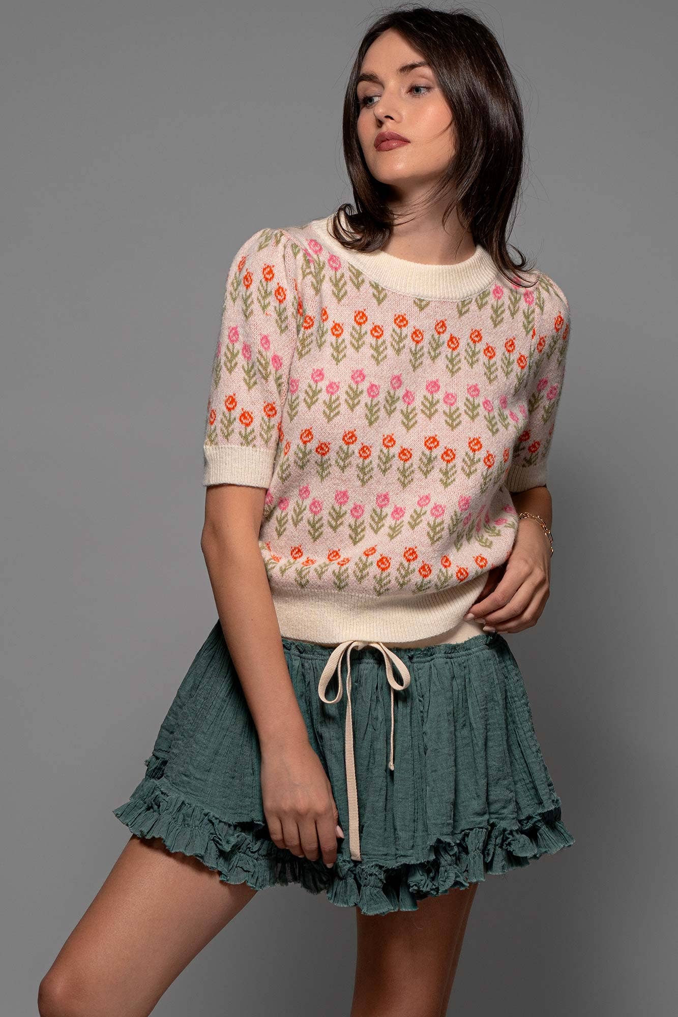 Urban Daizy Floral Print Crew Neck Knit Sweater Green Knit Top - Women's (UDZ-KN-00522) – alternate view 14