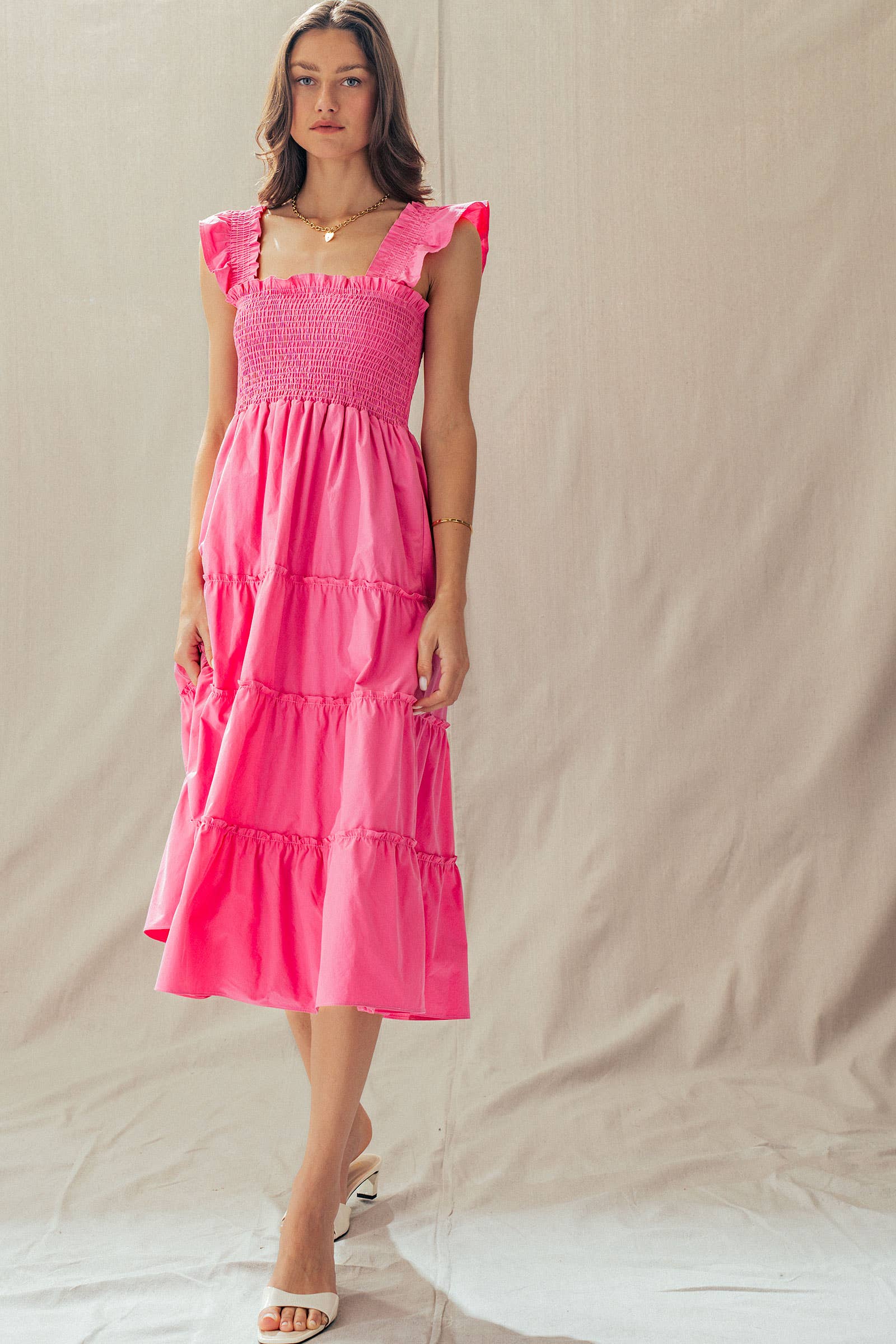 Cotton Smocked Tiered Midi Dress