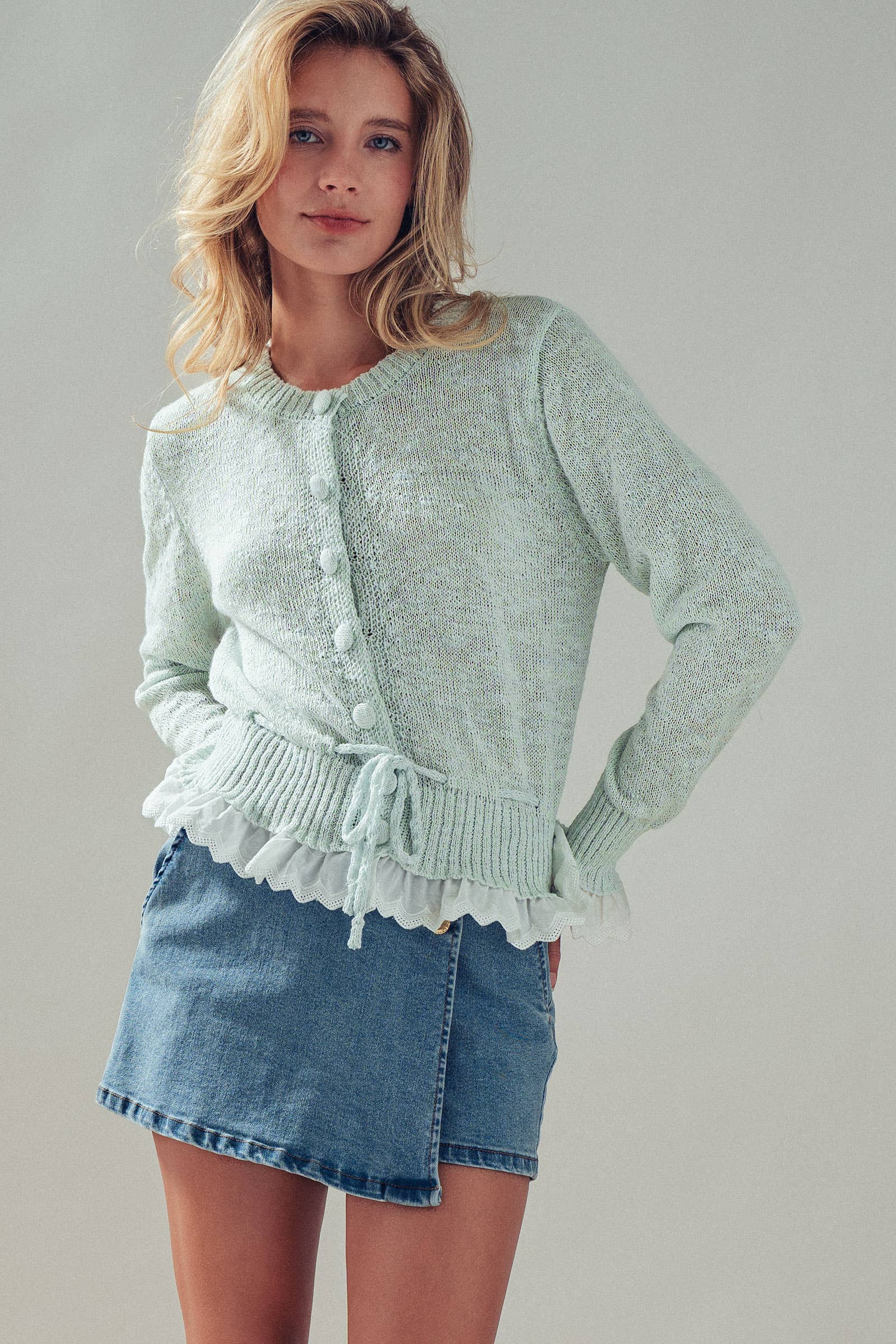 Eyelet Trim Peplum Drawstring Cardigan