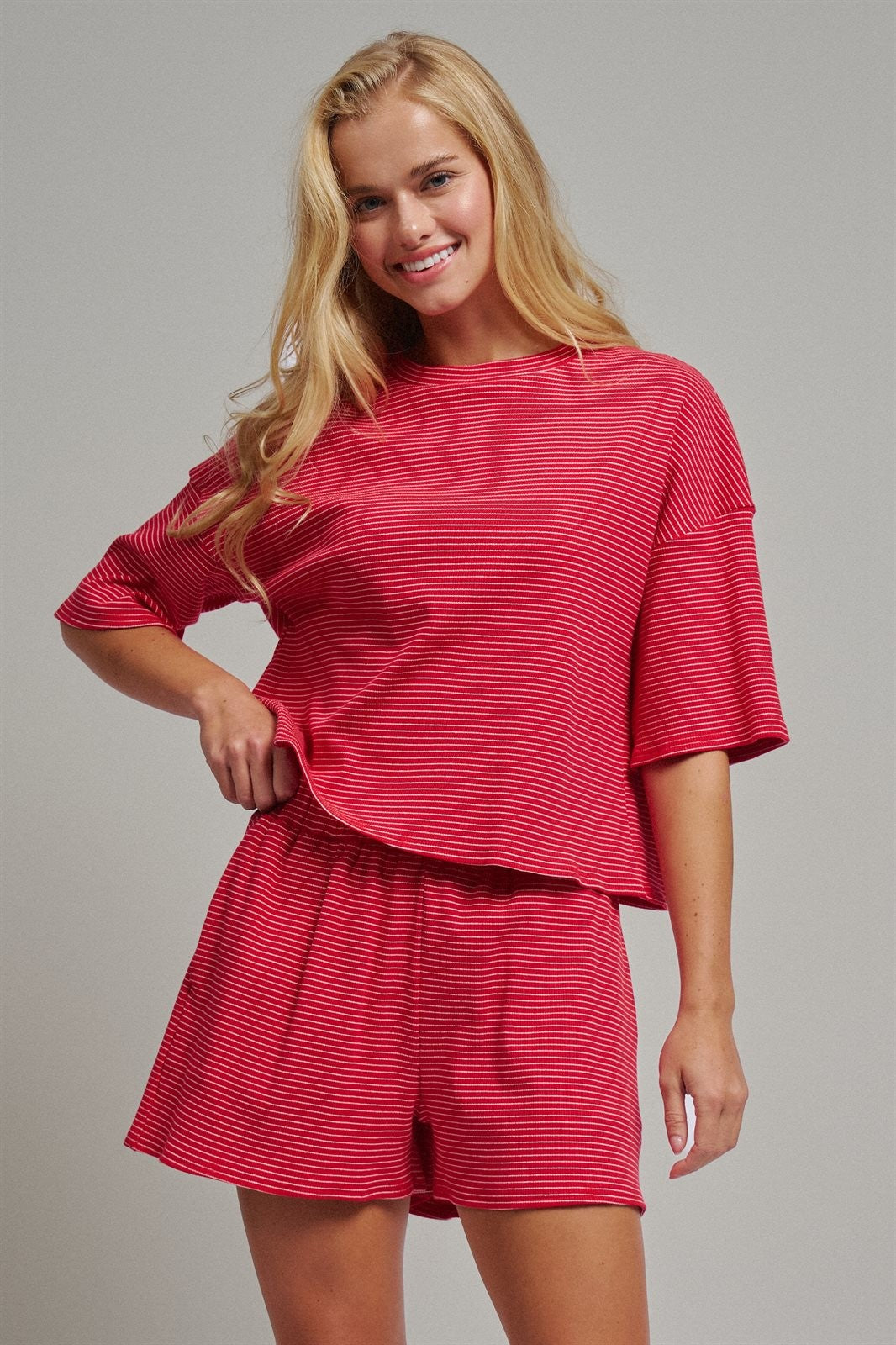 Ribbed Knit Boxy Tee and Shorts Lounge Set in RED WHITE - Women's Short Sets | Urban Daizy