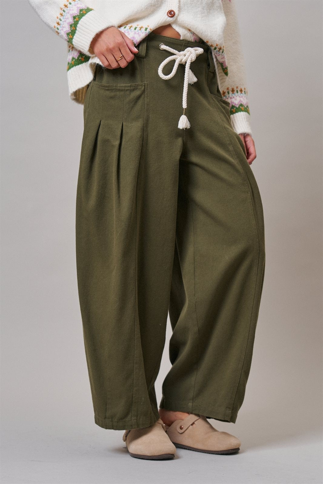 Pleated Wide-Leg Barrel Pant with Drawstring in OLIVE - Women's Casual Pants | Urban Daizy