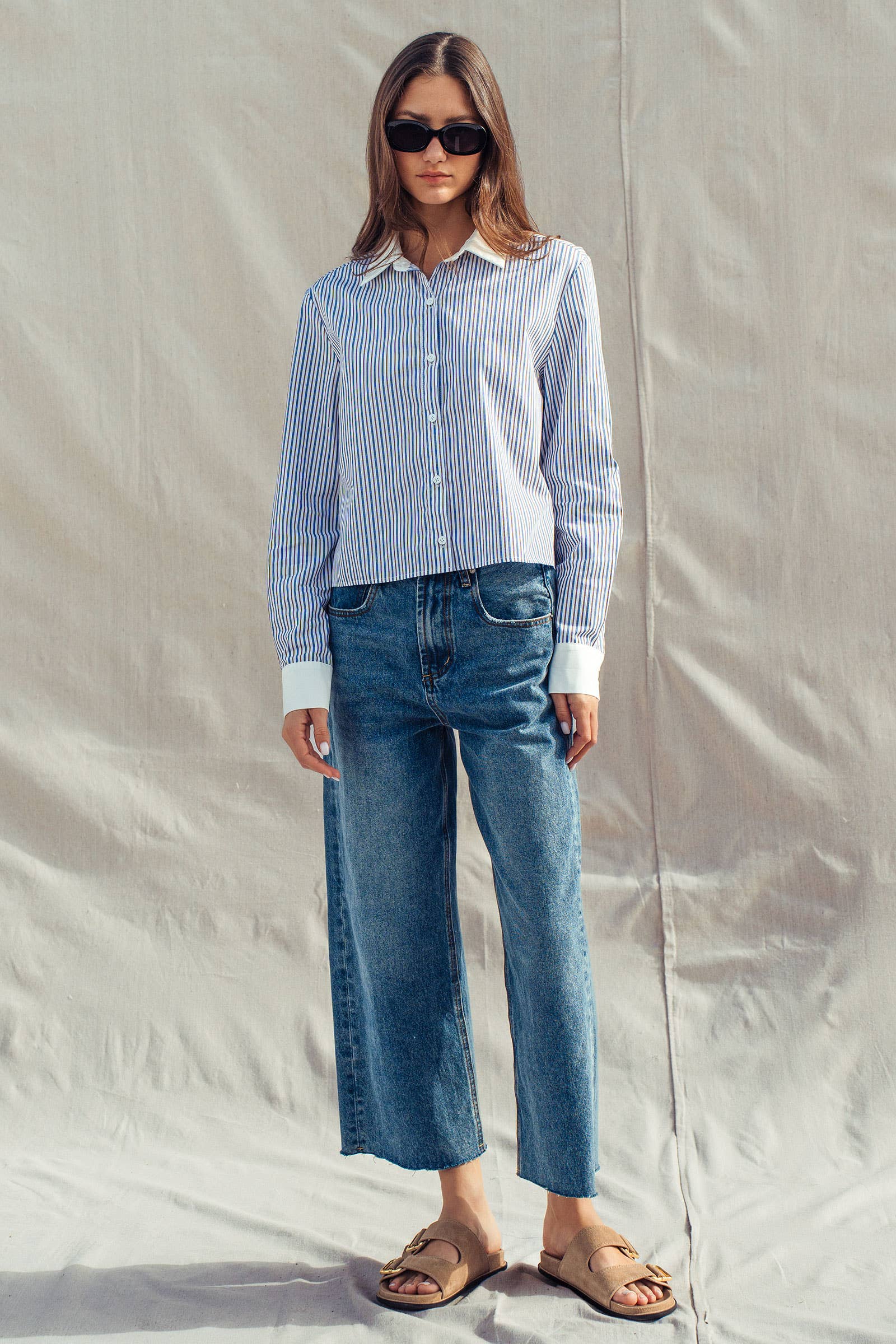 Stripe Contrast Collar Button Down Shirt