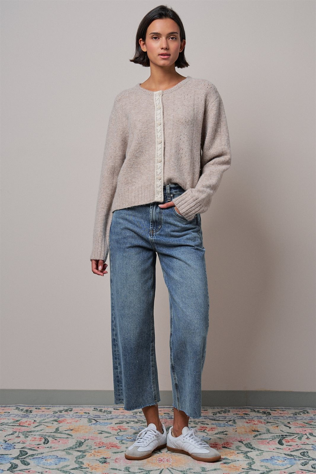 Elegant Wool Blend Cardigan with Lace Trim Detail in MOCHA - Women's Cardigans & Shrugs | Urban Daizy