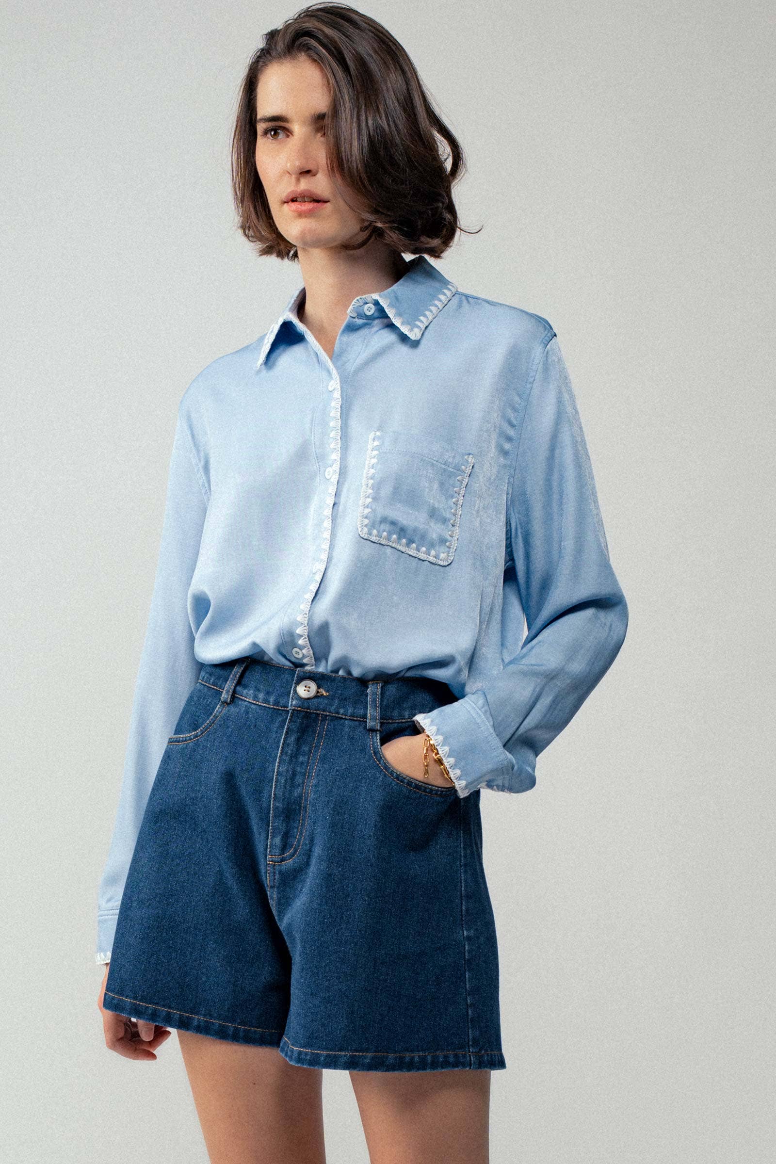 Urban Daizy Smooth Silk Long Sleeve Dress Shirt Denim Button Down Shirt - Women's (UDZ-TP-00735) – alternate view 16