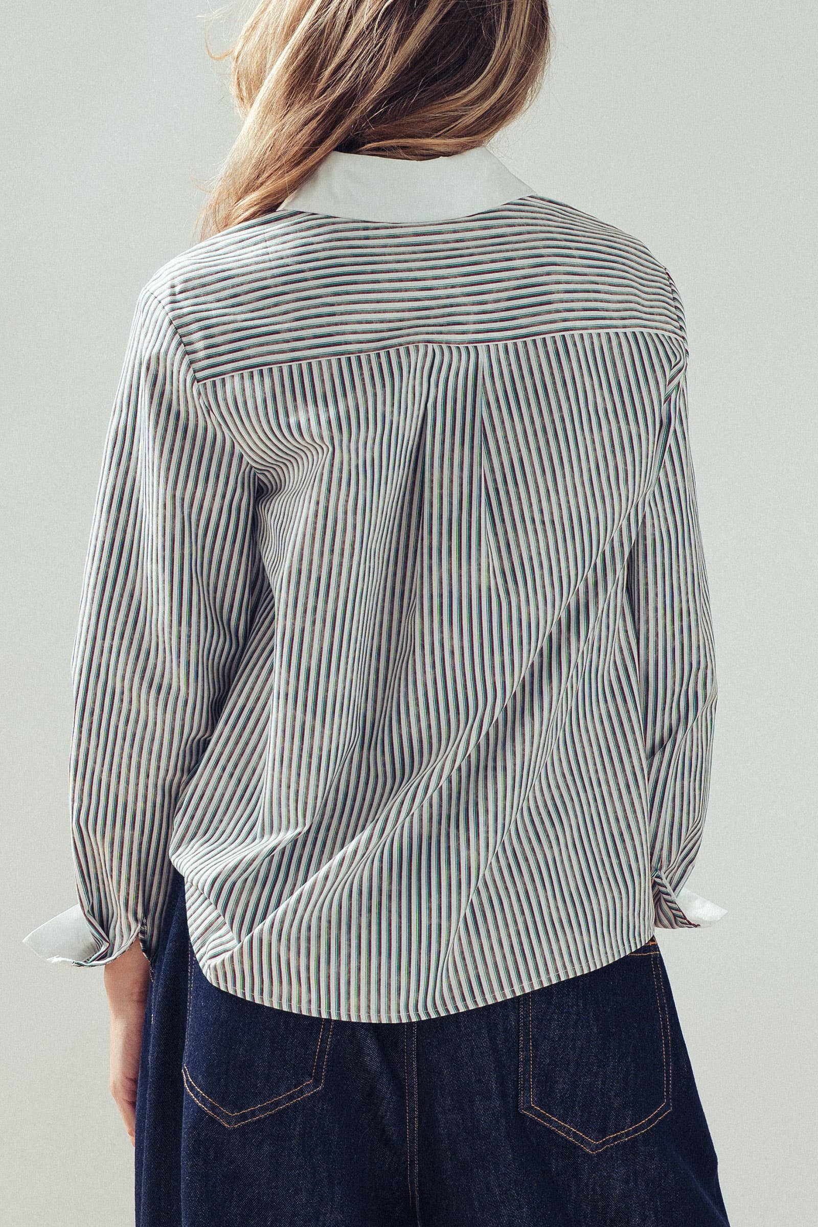 Contrast Collar Multi Stripe Button Down Shirt