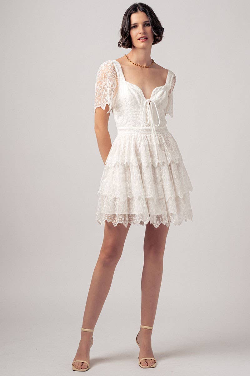 Tiered Lace Mini Dress with Corset Bodice and Puff Sleeves