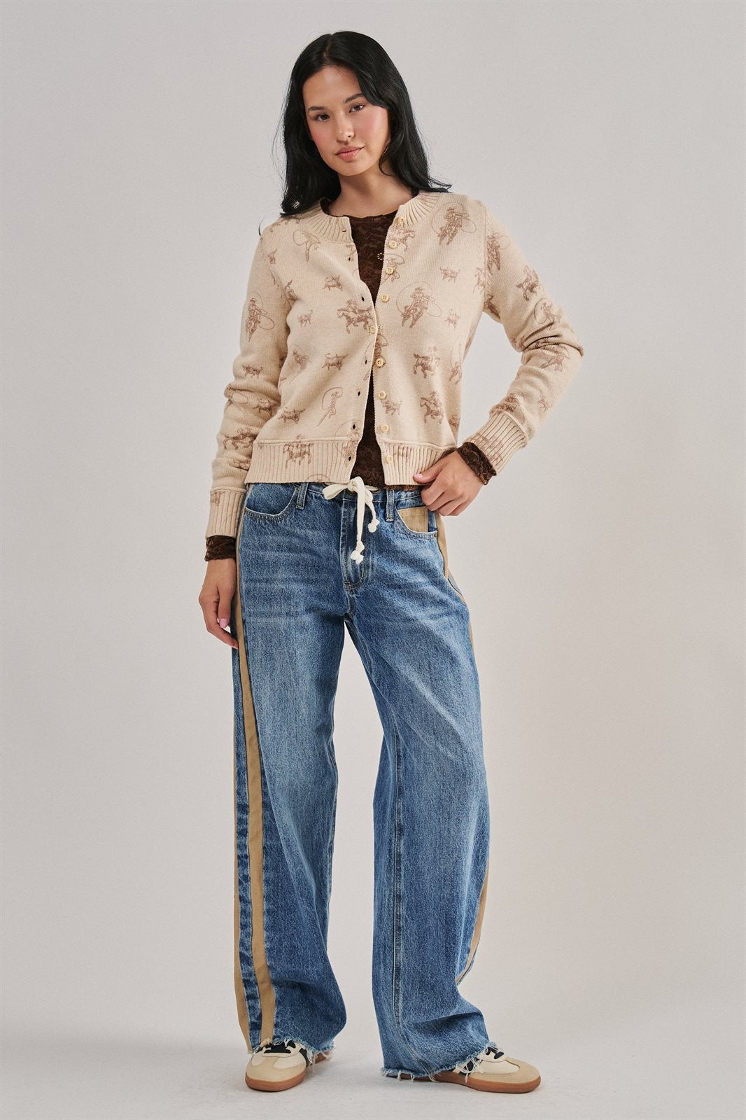 Western Cowboy Print Button Front Cardigan Sweater in KHAKI - Women's Cardigans & Shrugs | Urban Daizy