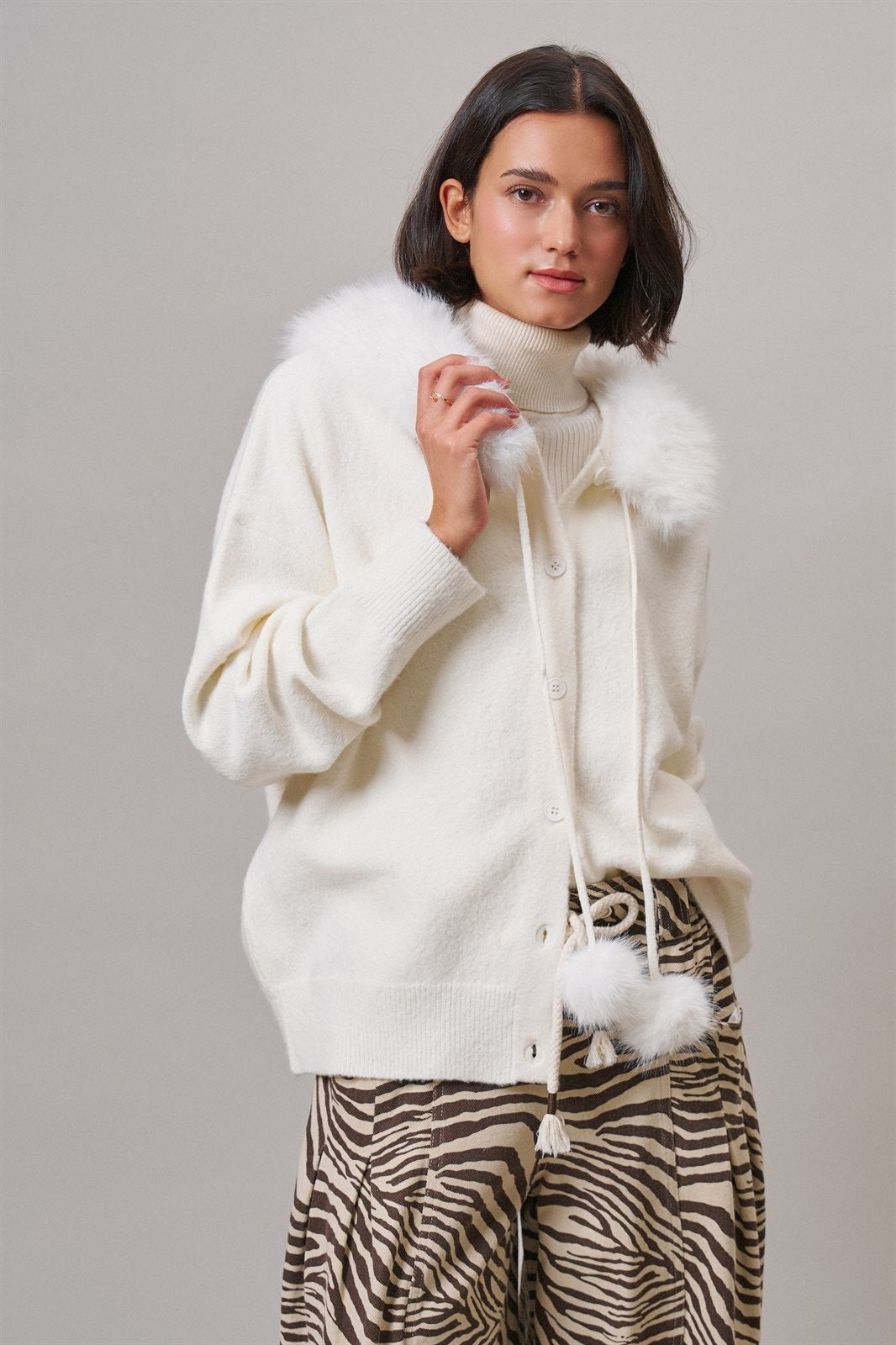 Faux Fur Hood Pom Pom Cardigan Wool Blend in Baby Blue in IVORY - Women's Cardigans & Shrugs | Urban Daizy