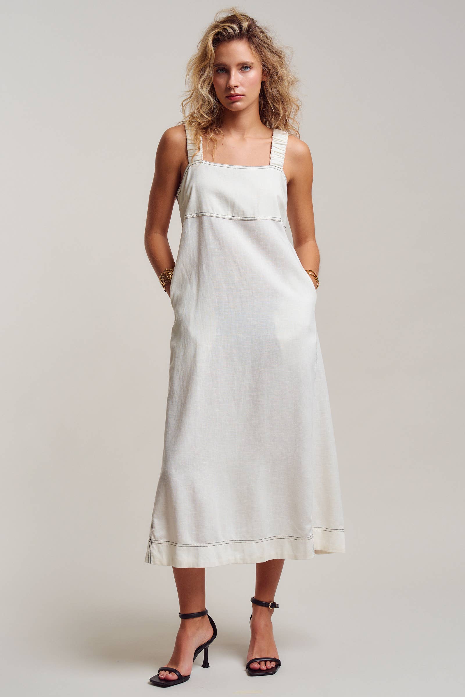 Contrast Stitch Square Neck Tencel Linen Midi Dress