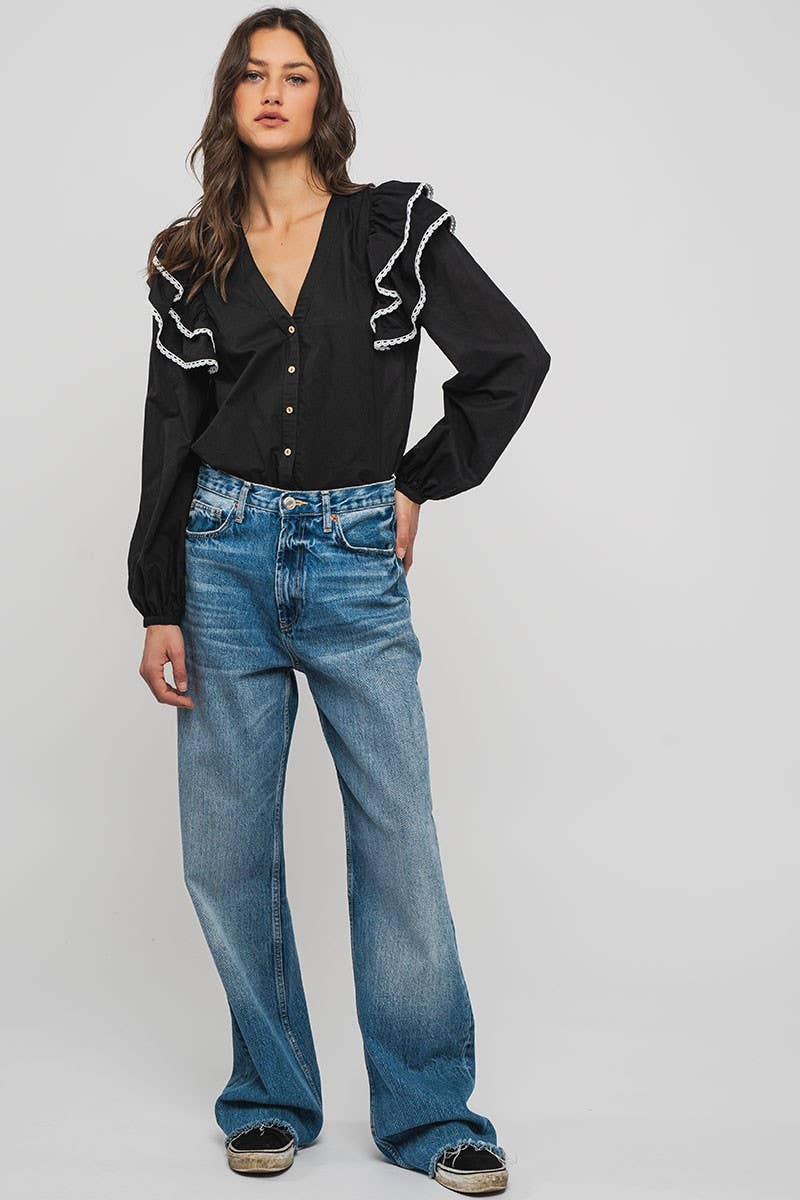 Urban Daizy Ruffled Shoulder V Neck Button Down Blouse White Black Blouse - Women's (UDZ-TP-00746) – alternate view 13