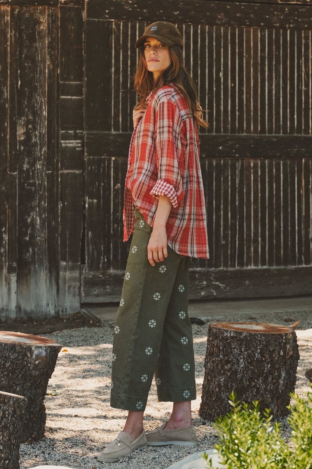 Oversized Plaid Cotton Button-Down Shirt in RUST - Women's Shirts & Blouses | Urban Daizy