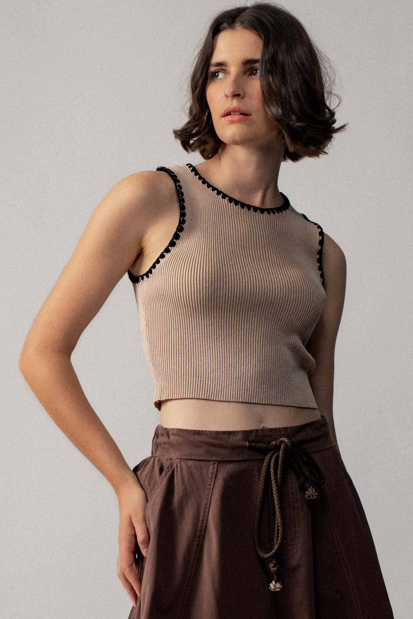 Urban Daizy Scalloped Ribbed Knit Crop Top Khaki Knit Top - Women's (UDZ-TP-00809) – alternate view 2