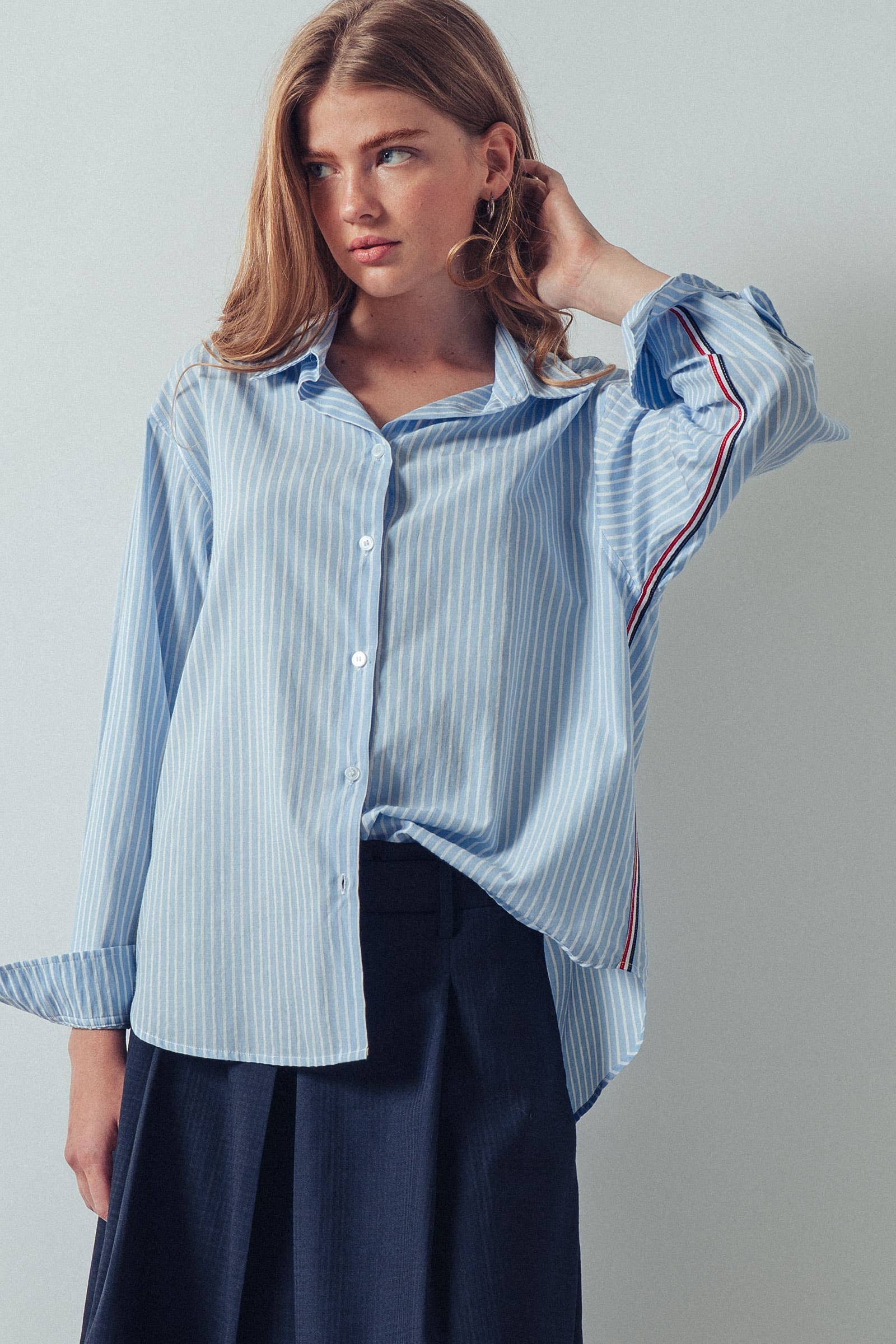 Striped Twill Tape Detail Statement Button Shirt