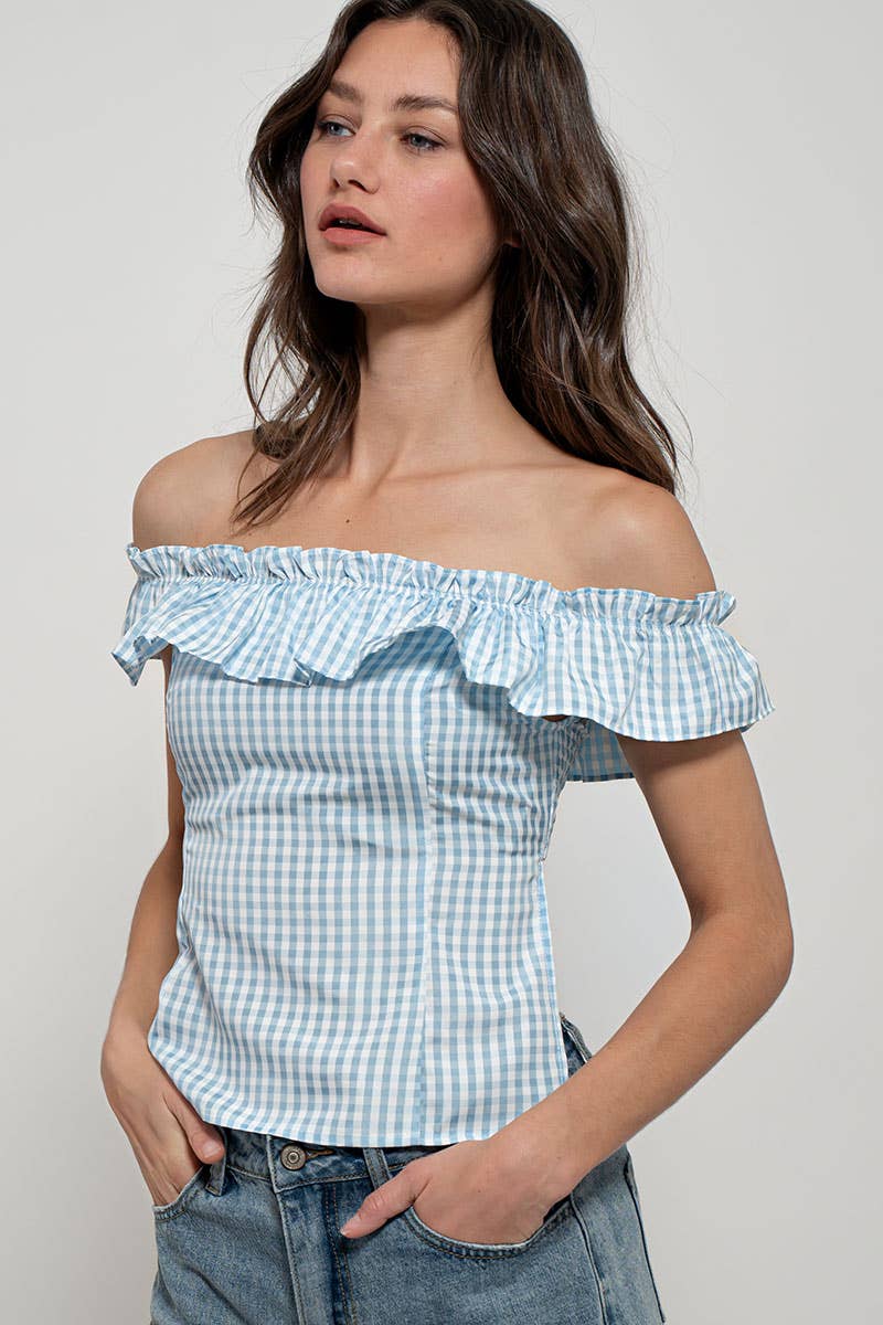 Urban Daizy Gingham Ruffle Off-Shoulder Crop Top Pink Blouse - Women's (UDZ-TP-01034) – alternate view 26