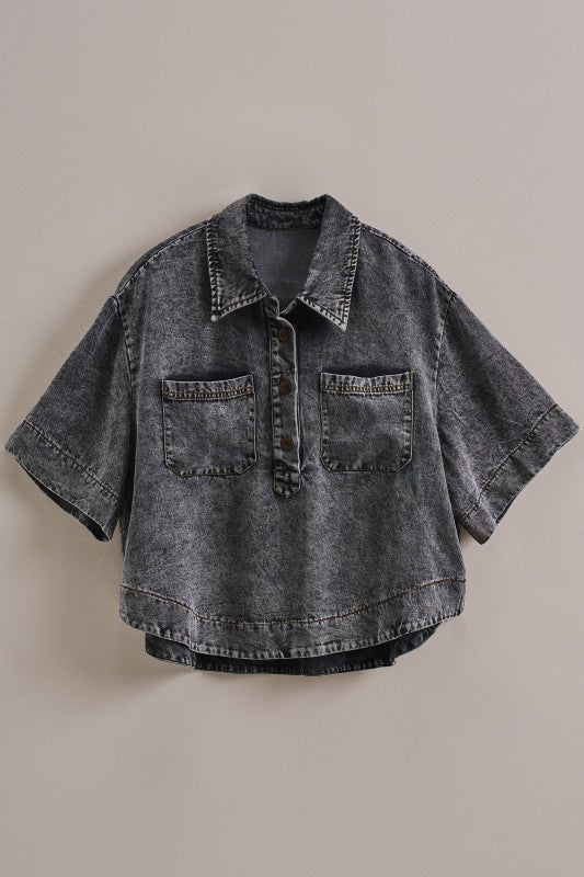 Washed Utility Half-Placket Cropped Shirt in BLACK - Women's Tops | Urban Daizy