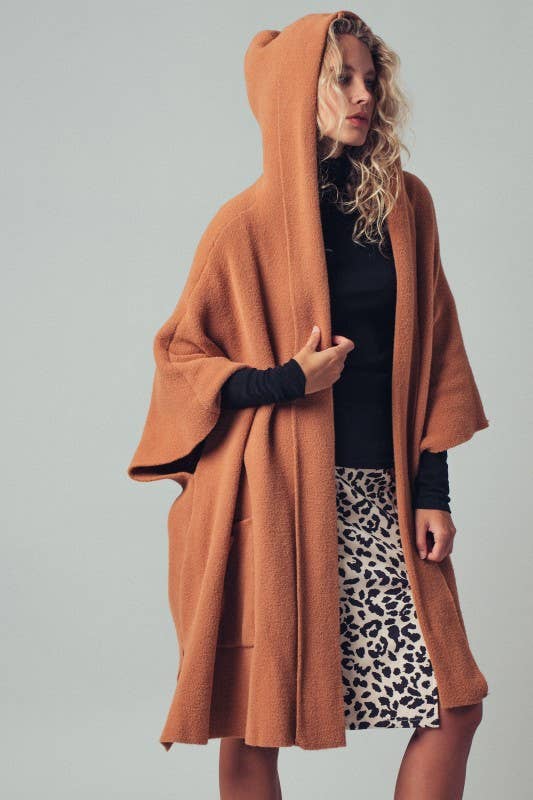 Oversized Cozy Hooded Open Front Knit Poncho