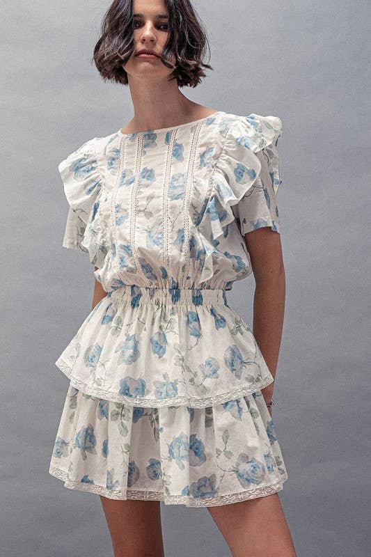 White Blue Floral Ruffle Sleeve Tiered Mini Dress