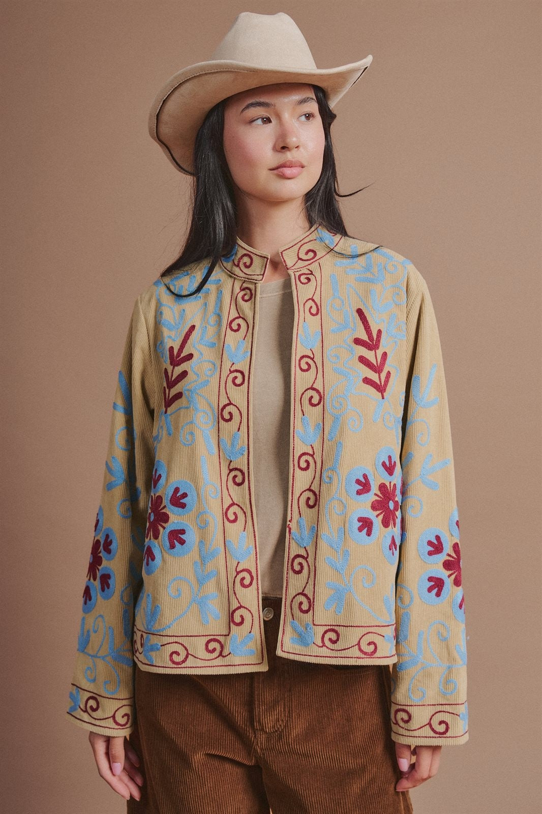 Embroidered Corduroy Jacket with Folk Floral Scroll in KHAKI - Women's Jackets & Blazers | Urban Daizy