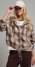 Plaid Flannel Hooded Shirt Jacket with Drawstring Hem in KHAKI - Women's Shirts & Blouses | Urban Daizy