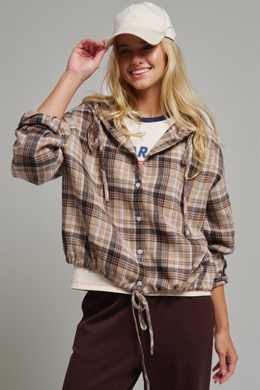 Plaid Flannel Hooded Shirt Jacket with Drawstring Hem in KHAKI - Women's Shirts & Blouses | Urban Daizy
