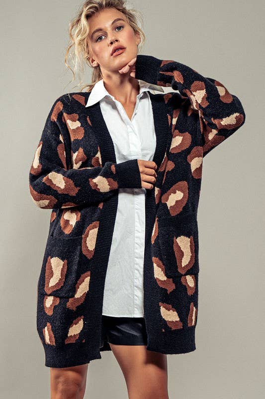 Urban Daizy Chic Animal Print Open Front Knit Cardigan Black Cardigan - Women's (UDZ-KN-00571) – alternate view 2