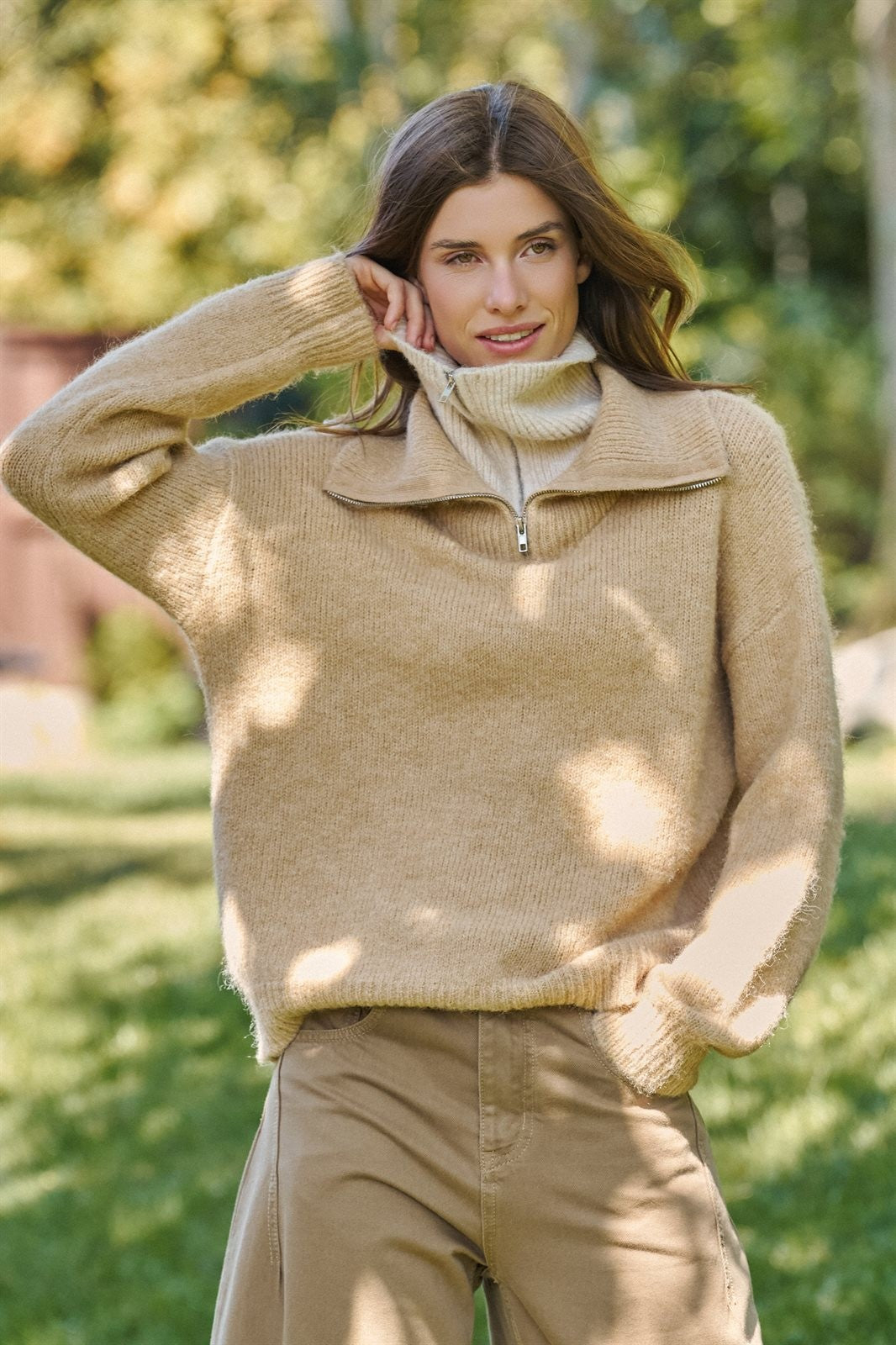 Wool Blend Half Zip Sweater with Double Collar in CAMEL - Women's Sweaters | Urban Daizy