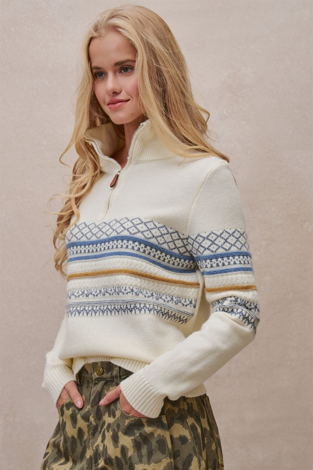 Fair Isle Quarter Zip Sweater Wool Blend with Leather Pull T in IVORY - Women's Cardigans & Shrugs | Urban Daizy