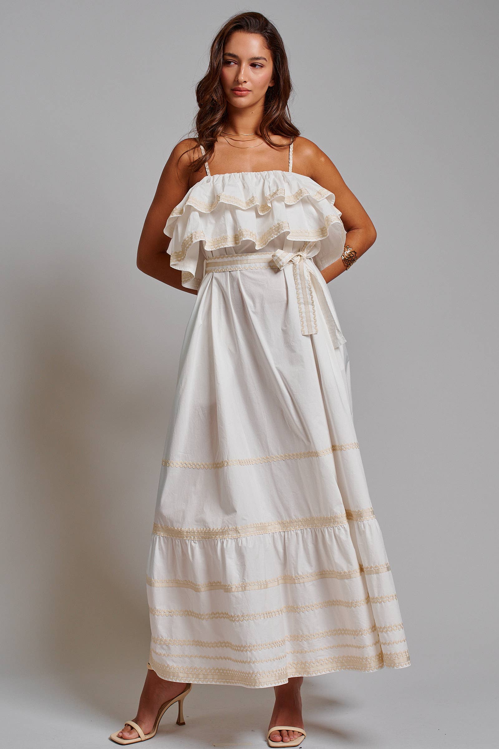 Rickrack Trim Tiered Ruffle Cotton Maxi Dress