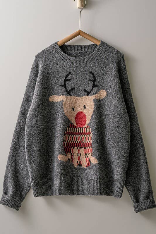 Urban Daizy Rudolph Reindeer Knit Crewneck Sweater Grey Knit Sweater - Women's (UDZ-KN-00538)